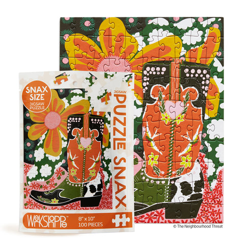 Fancy Boots 100 Piece Puzzle Snax, art by holly ramsay, cowboy boots, western scene, 100 piece puzzle for beginners