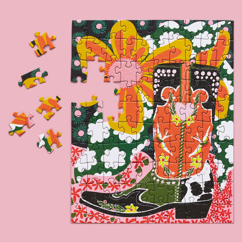 Fancy Boots 100 Piece Puzzle Snax, art by holly ramsay, cowboy boots, western scene, 100 piece puzzle for beginners