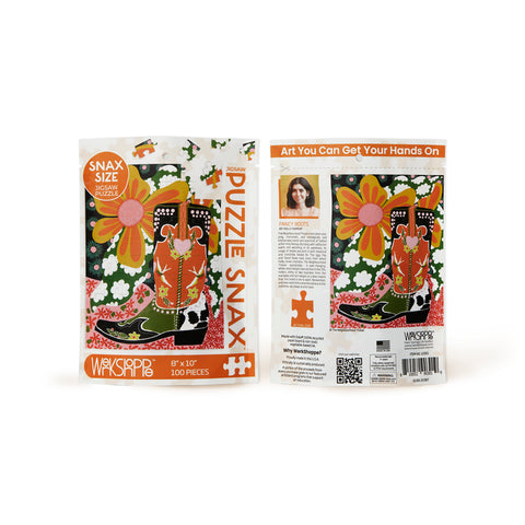 Fancy Boots 100 Piece Puzzle Snax, art by holly ramsay, cowboy boots, western scene, 100 piece puzzle for beginners