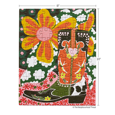 Fancy Boots 100 Piece Puzzle Snax, art by holly ramsay, cowboy boots, western scene, 100 piece puzzle for beginners