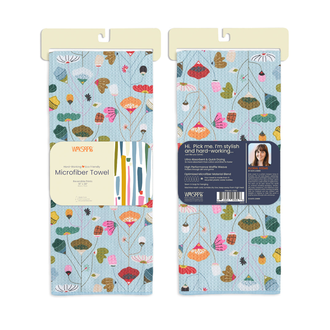 Art by Kate Lower, floral stems, reversible microfiber towels, artistic kitchen towels, kitchen towels
eco-friendly microfiber towels, ultra-absorbent, quick drying