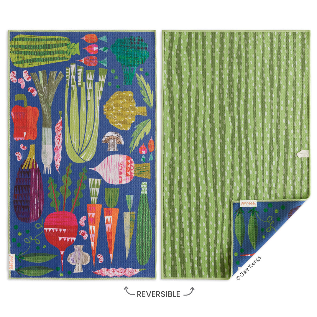 Art by Clare Youngs, farmer's market, vegetables, retro print, reversible microfiber towels, artistic kitchen towels, kitchen towels
eco-friendly microfiber towels, ultra-absorbent, quick drying