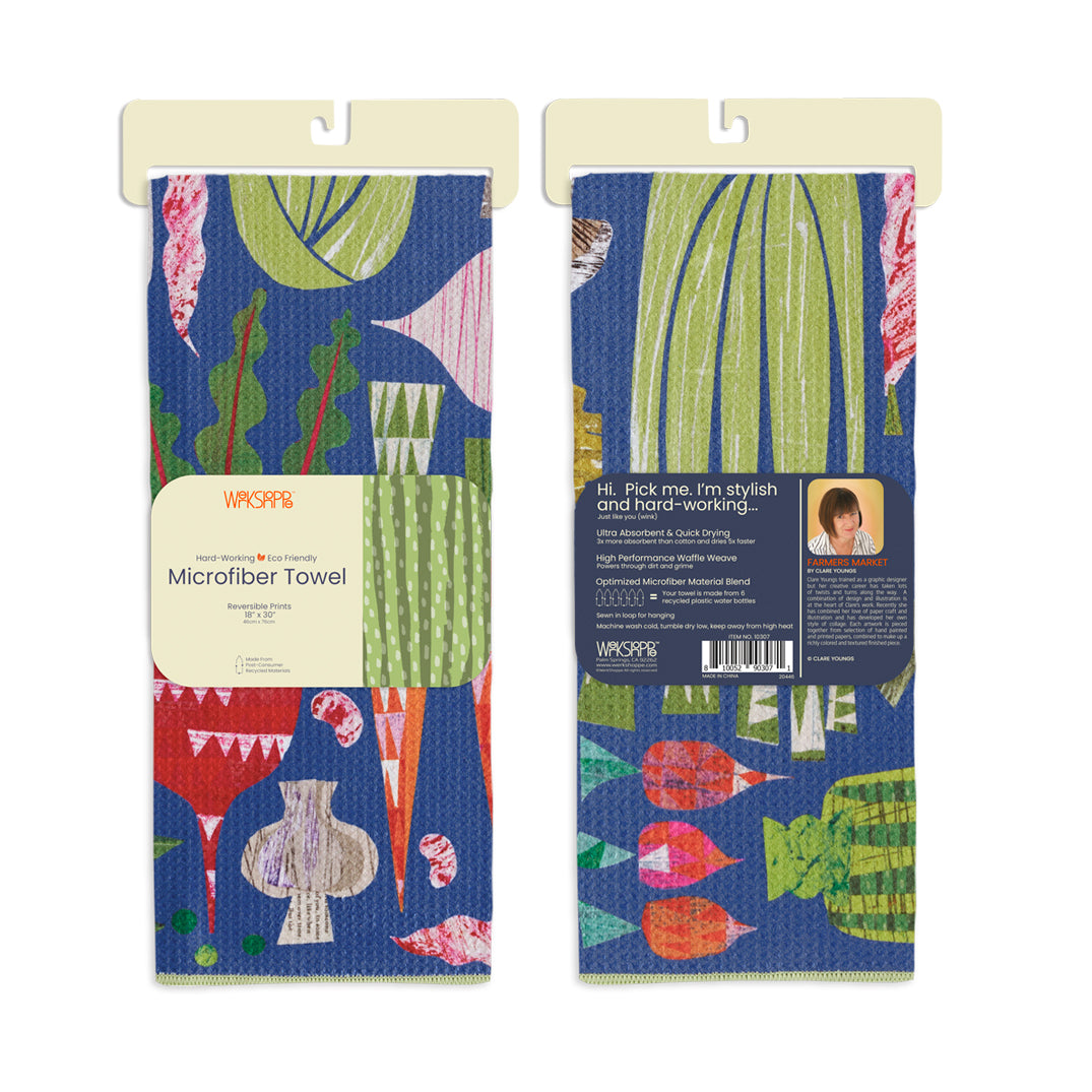 Art by Clare Youngs, farmer's market, vegetables, retro print, reversible microfiber towels, artistic kitchen towels, kitchen towels
eco-friendly microfiber towels, ultra-absorbent, quick drying, food