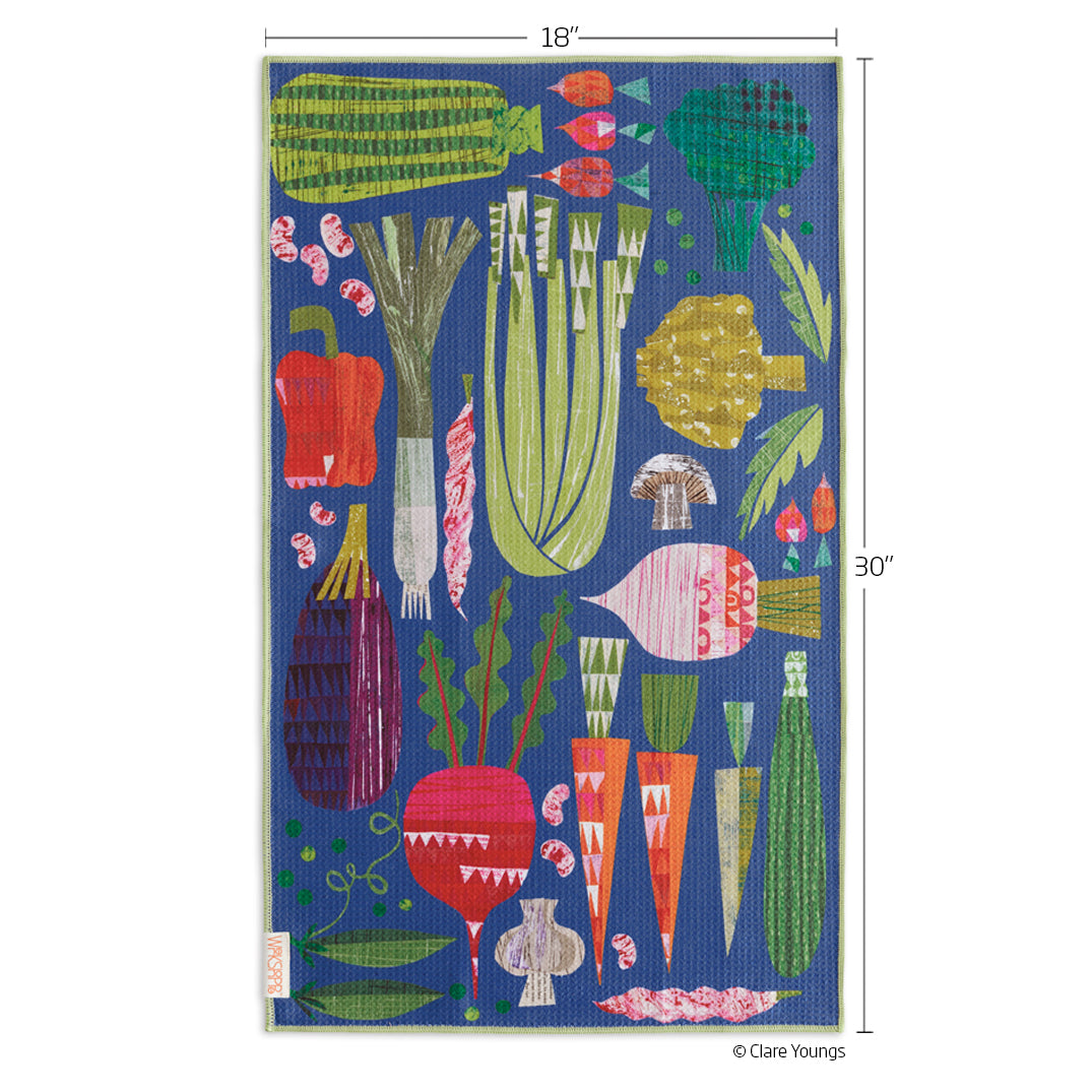 Art by Clare Youngs, farmer's market, vegetables, retro print, reversible microfiber towels, artistic kitchen towels, kitchen towels
eco-friendly microfiber towels, ultra-absorbent, quick drying, food