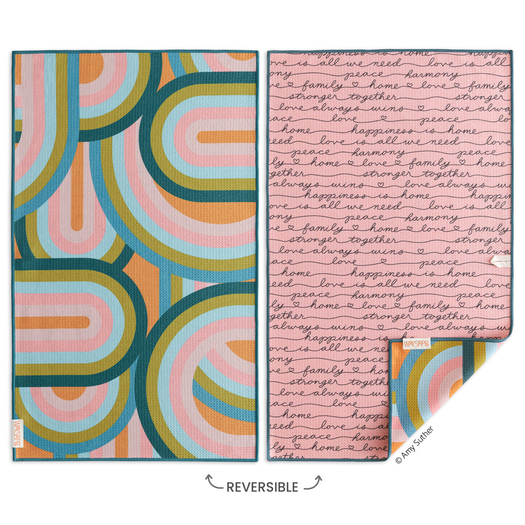 Art by Amy Suther, rainbow connection, colorful pattern, peace harmony happiness, best kitchen towels, microfiber tea towels, artist designed kitchen towels 
