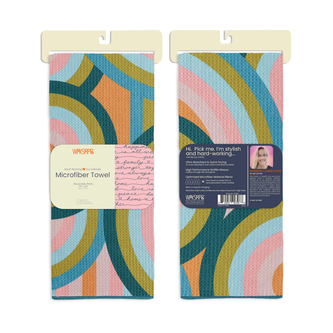 Art by Amy Suther, rainbow connection, colorful pattern, peace harmony happiness, best kitchen towels, microfiber tea towels, artist designed kitchen towels 