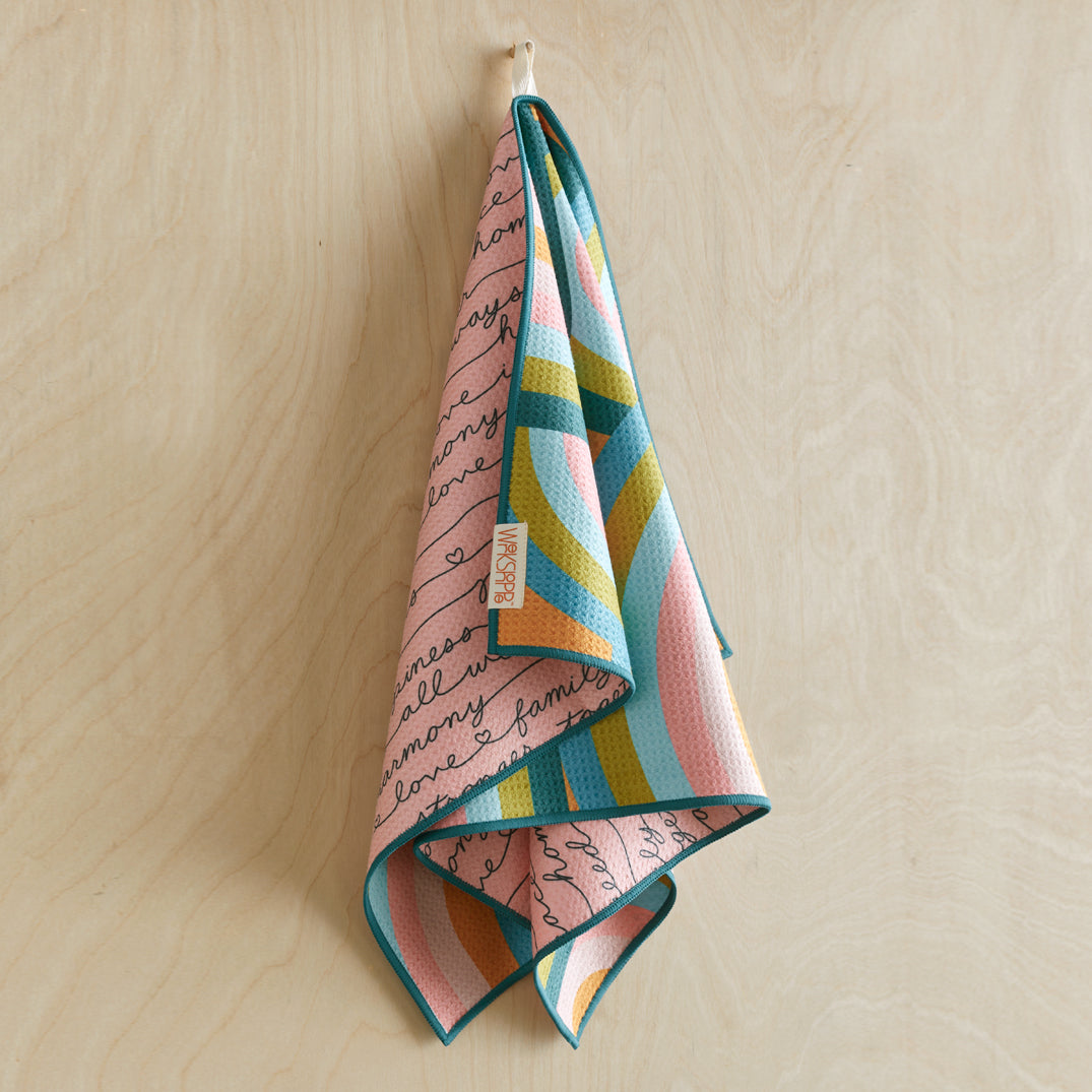Art by Amy Suther, rainbow connection, colorful pattern, peace harmony happiness, best kitchen towels, microfiber tea towels, artist designed kitchen towels 
