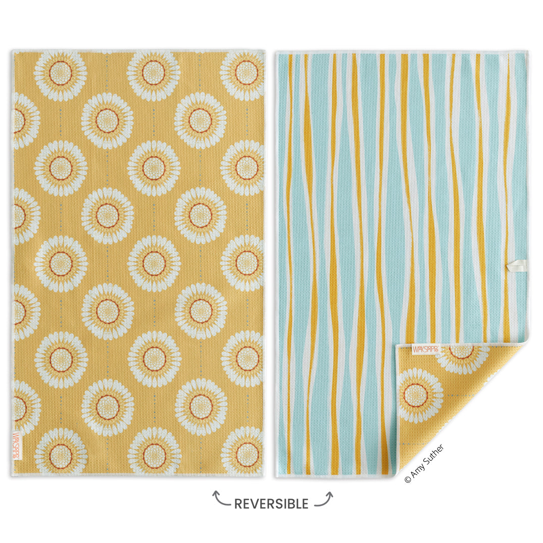 Art by Amy Suther, sunflower chains, floral pattern, reversible microfiber towels, artistic kitchen towels, kitchen towels