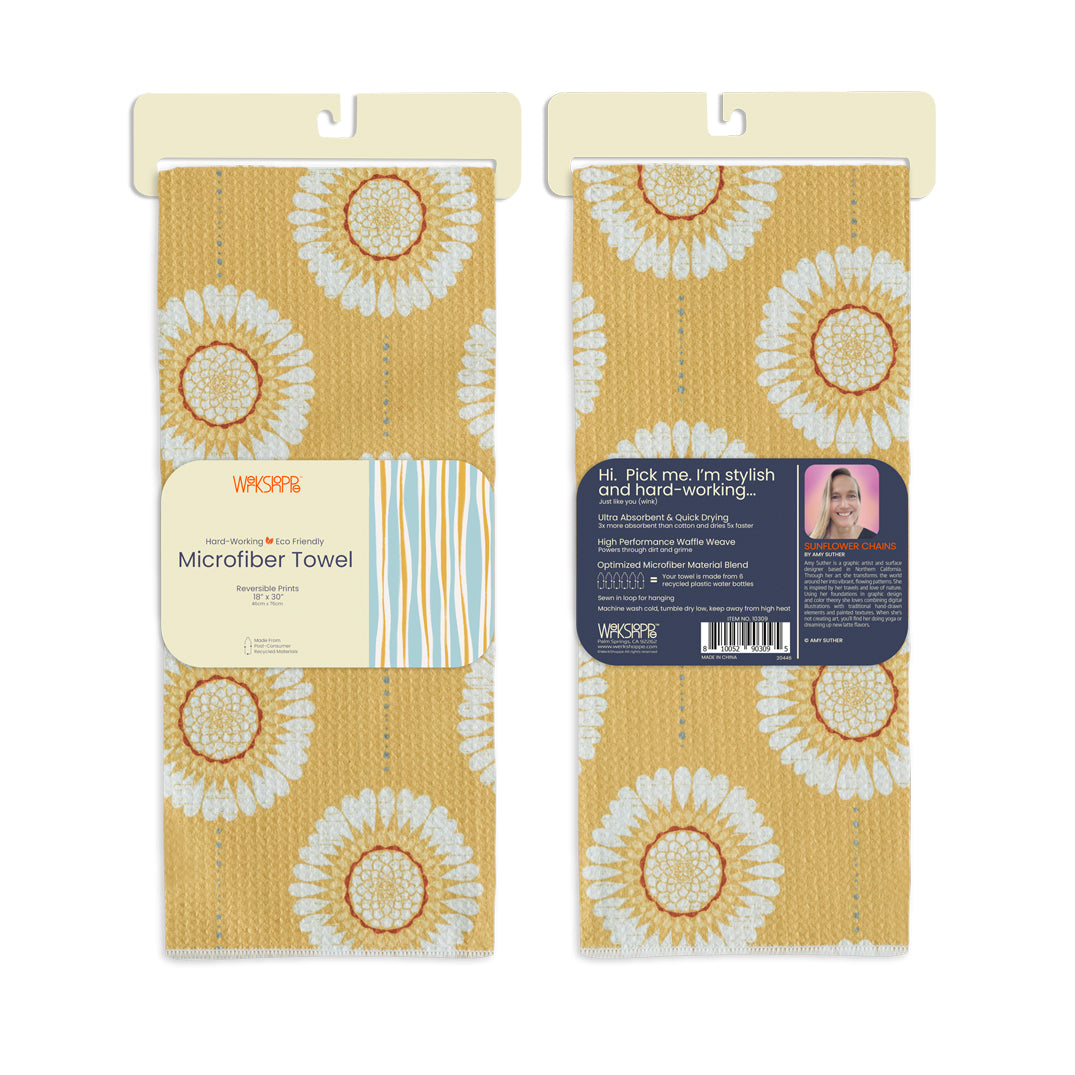 Art by Amy Suther, sunflower chains, floral pattern, reversible microfiber towels, artistic kitchen towels, kitchen towels