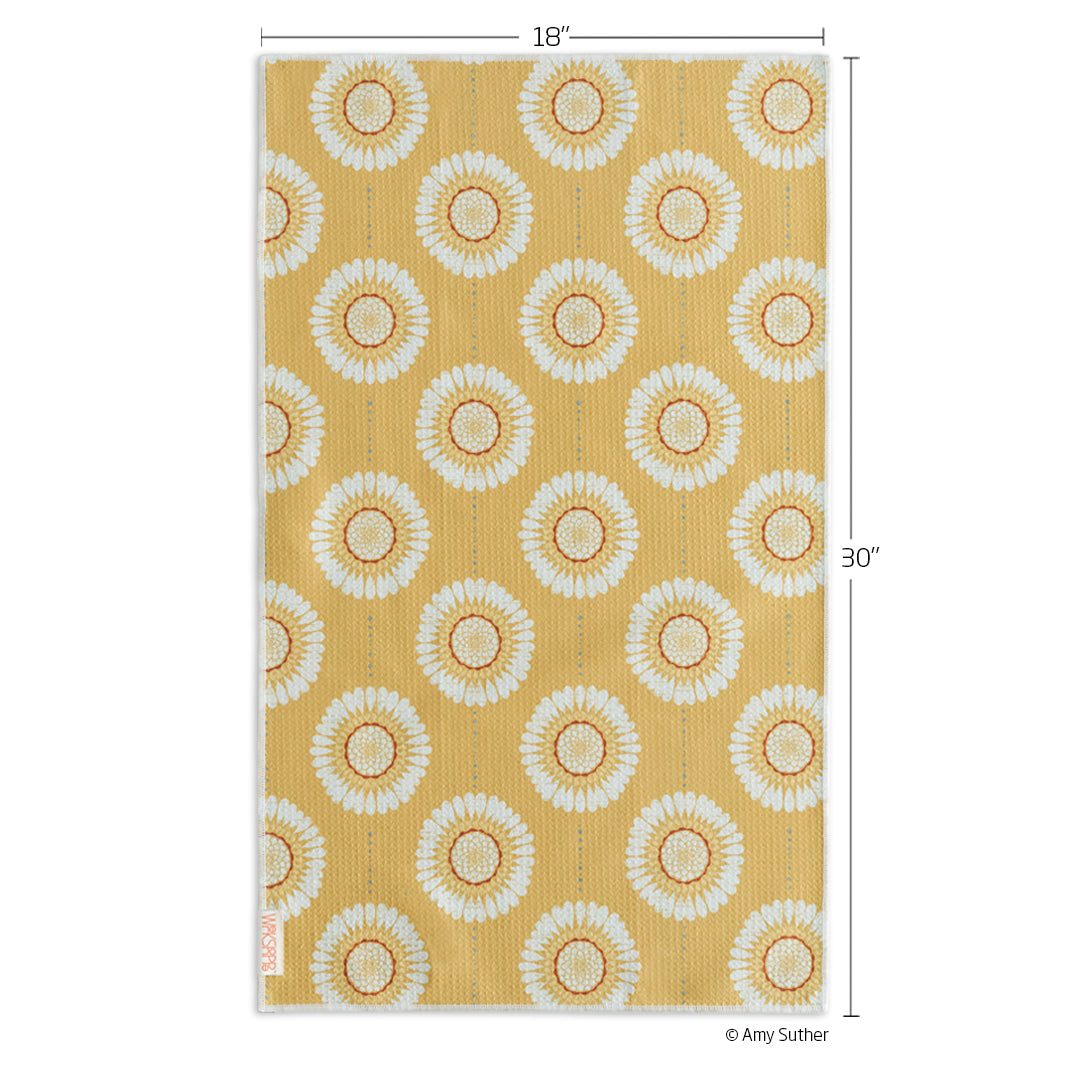 Art by Amy Suther, sunflower chains, floral pattern, reversible microfiber towels, artistic kitchen towels, kitchen towels