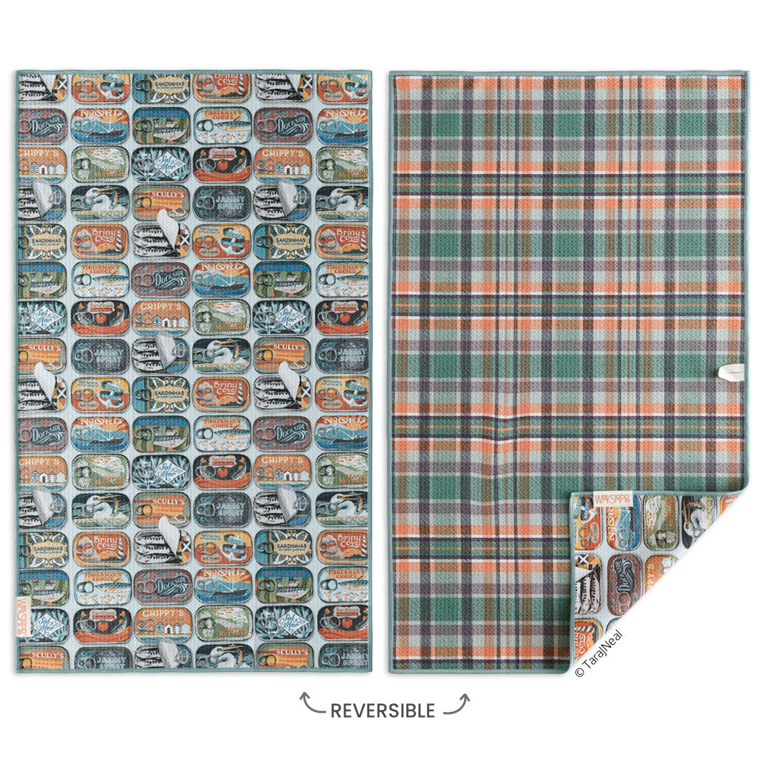 Art by Tara Neal, Sardines microfiber towel, plaid pattern, sardine cans, best kitchen towels, microfiber tea towels, artist designed kitchen towels 