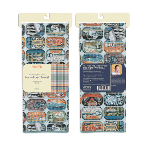 Art by Tara Neal, Sardines microfiber towel, plaid pattern, sardine cans, best kitchen towels, microfiber tea towels, artist designed kitchen towels 
