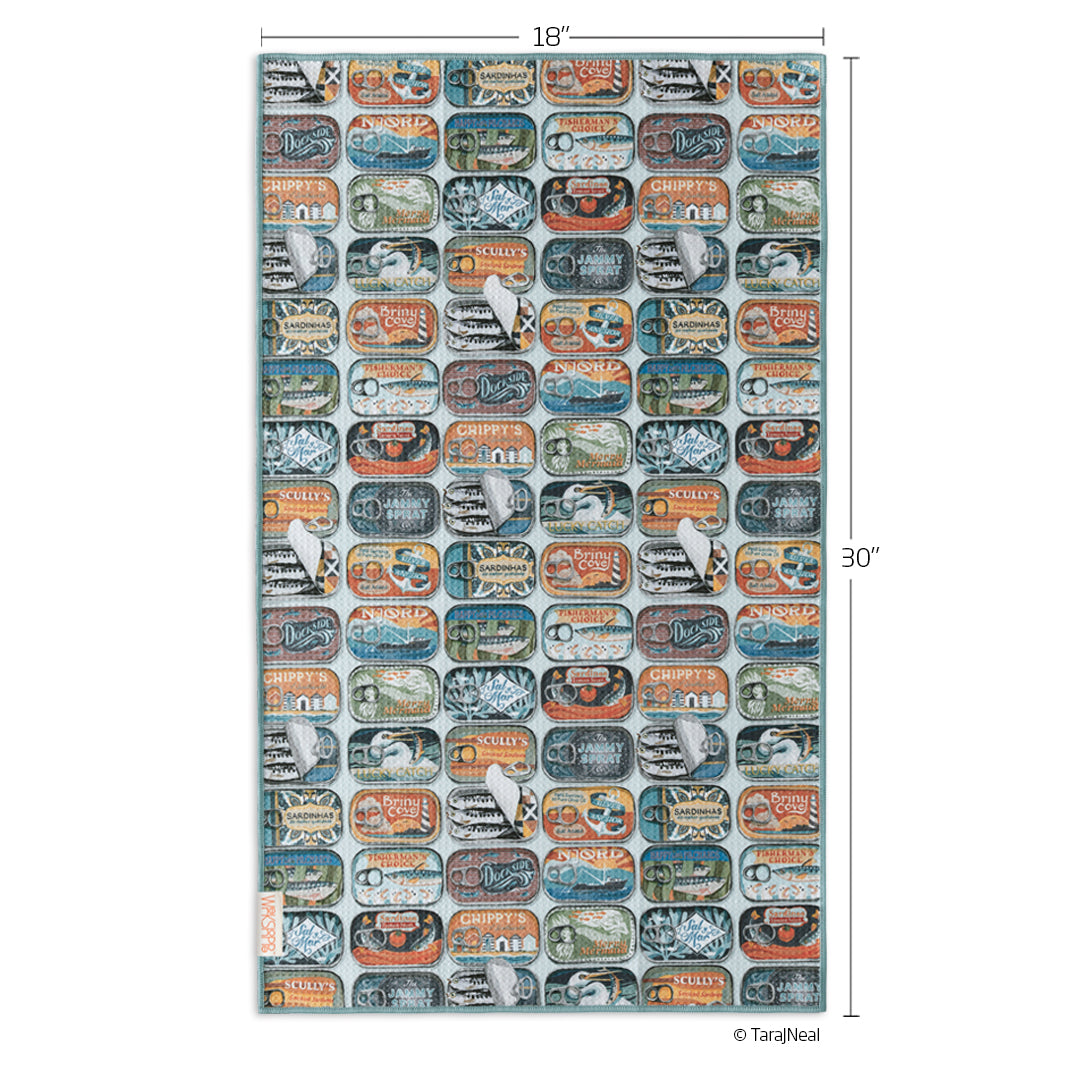 Art by Tara Neal, Sardines microfiber towel, plaid pattern, sardine cans, best kitchen towels, microfiber tea towels, artist designed kitchen towels 