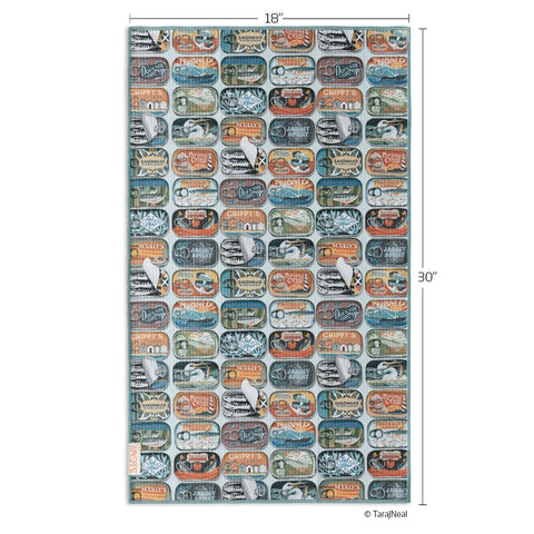 Art by Tara Neal, Sardines microfiber towel, plaid pattern, sardine cans, best kitchen towels, microfiber tea towels, artist designed kitchen towels 