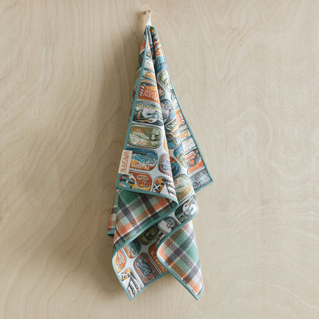 Art by Tara Neal, Sardines microfiber towel, plaid pattern, sardine cans, best kitchen towels, microfiber tea towels, artist designed kitchen towels 