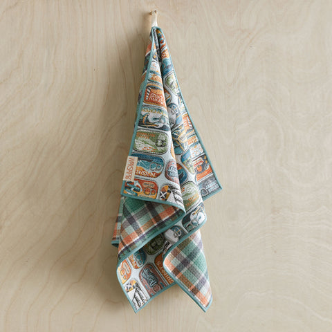 Art by Tara Neal, Sardines microfiber towel, plaid pattern, sardine cans, best kitchen towels, microfiber tea towels, artist designed kitchen towels 
