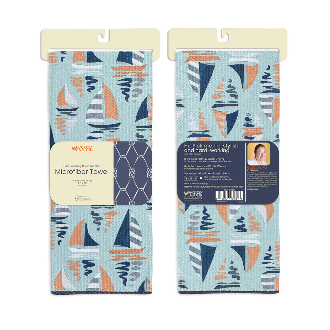 Art by Tara Neal, gone sailing towel, sail boats, nautical kitchen, eco-friendly microfiber towels, ultra-absorbent, quick drying
best kitchen towels, microfiber tea towels, artist designed kitchen towels,  coastal decor