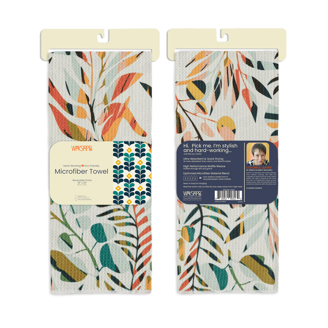 Art by Annick Schmidt-Reichardt, colorful leaves, reversible microfiber towels, artistic kitchen towels, kitchen towels
eco-friendly microfiber towels, ultra-absorbent, quick drying