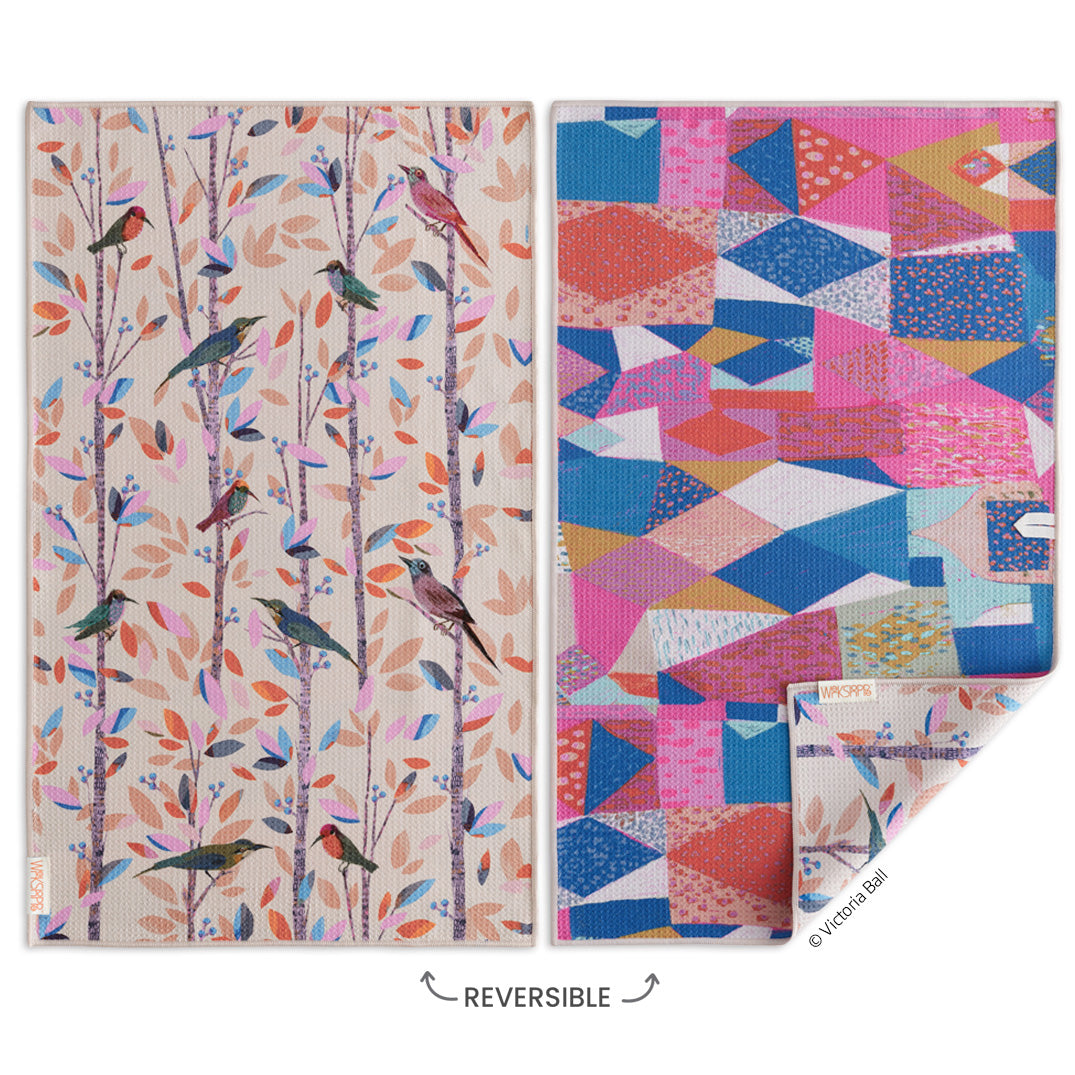 Art by Victoria Ball, songbirds towel, geometric pattern, birds, eco-friendly microfiber towels, ultra-absorbent, quick drying
