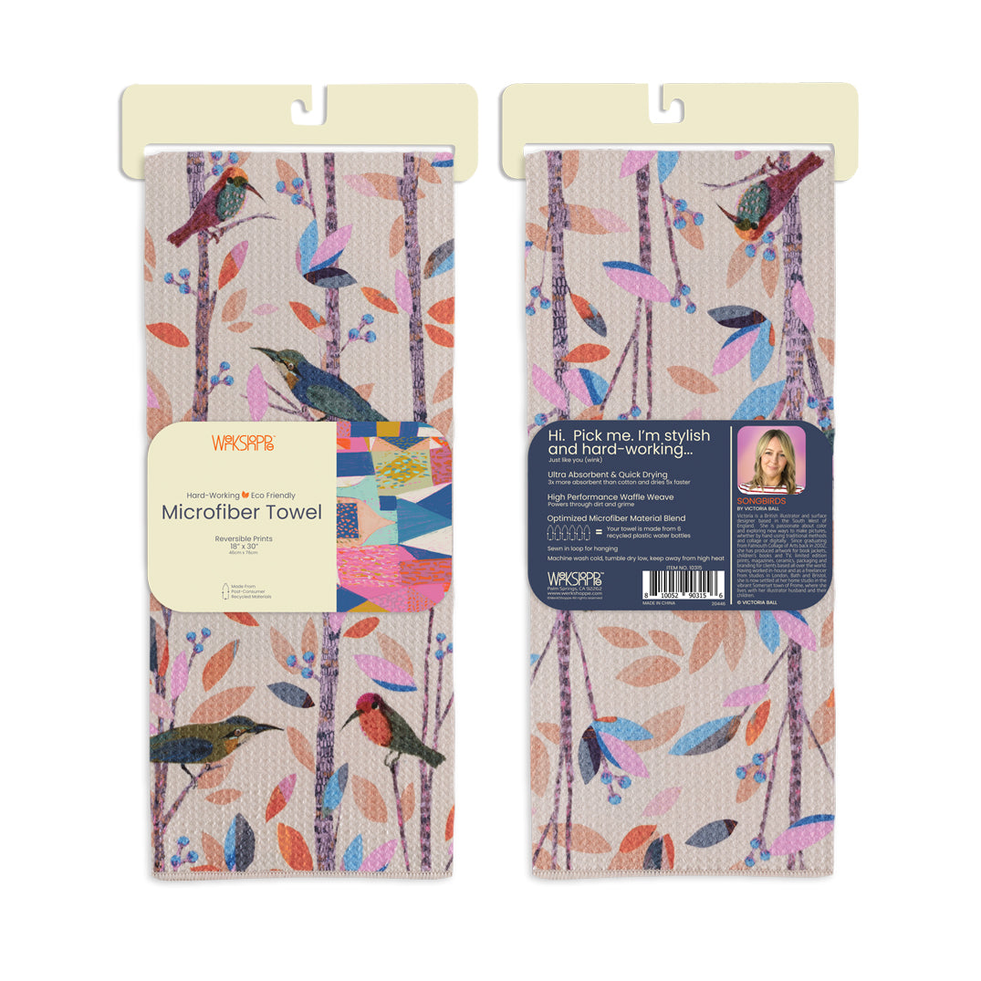 Art by Victoria Ball, songbirds towel, geometric pattern, birds, eco-friendly microfiber towels, ultra-absorbent, quick drying