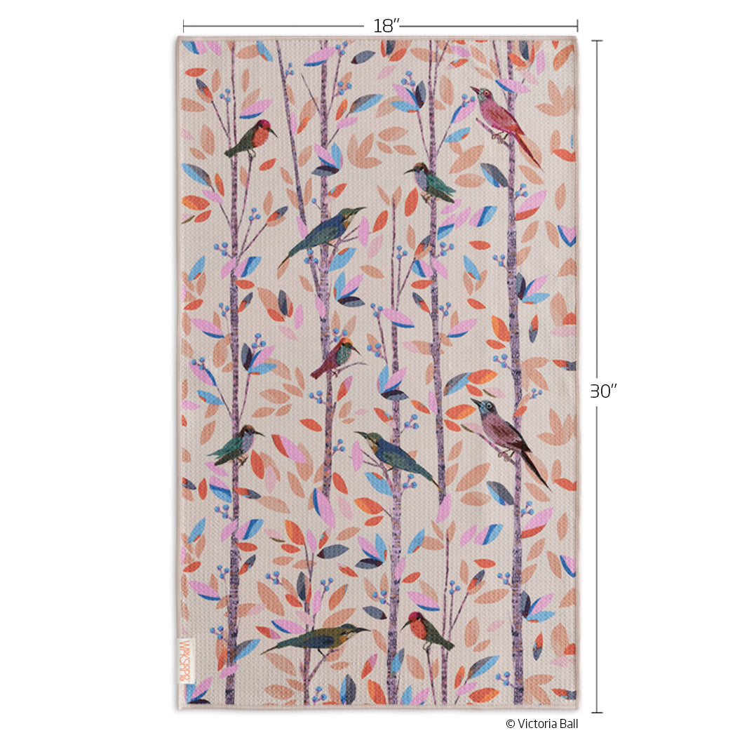 Art by Victoria Ball, songbirds towel, geometric pattern, birds, eco-friendly microfiber towels, ultra-absorbent, quick drying