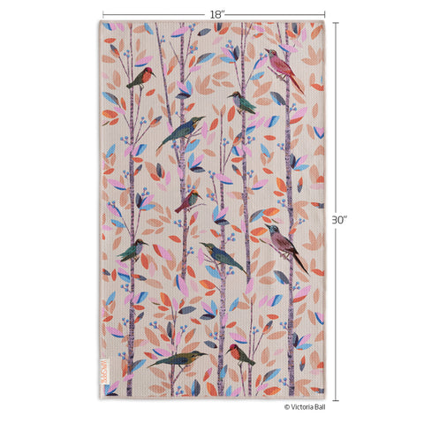 Art by Victoria Ball, songbirds towel, geometric pattern, birds, eco-friendly microfiber towels, ultra-absorbent, quick drying