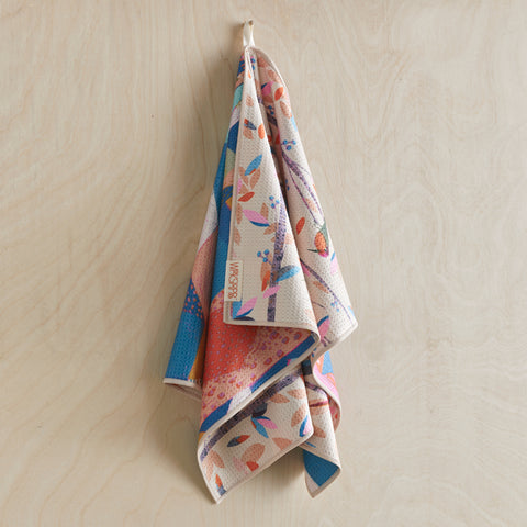 Art by Victoria Ball, songbirds towel, geometric pattern, birds, eco-friendly microfiber towels, ultra-absorbent, quick drying