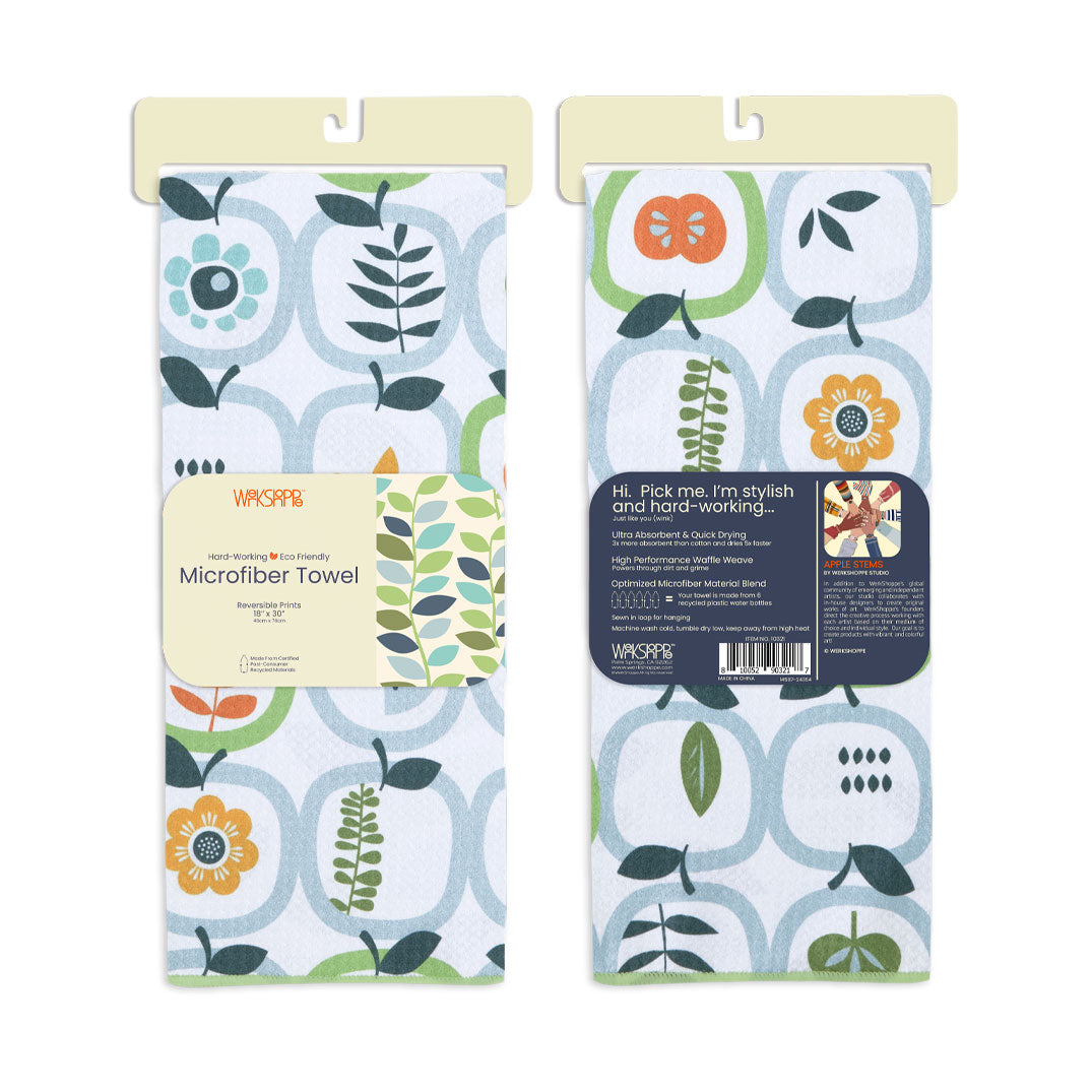 apple stems towel, reversible microfiber towels, artistic kitchen towels, kitchen towels
eco-friendly microfiber towels, ultra-absorbent, quick drying, apples, food