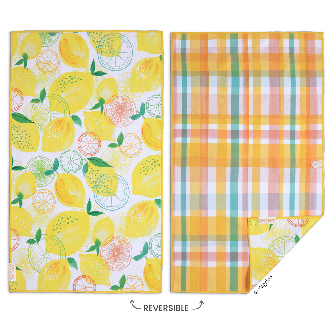 Art by Magrikie Berg, lemon plaid microfiber kitchen towel, lint-free, bright patterns, best kitchen towels, microfiber tea towels, artist designed kitchen towels 
