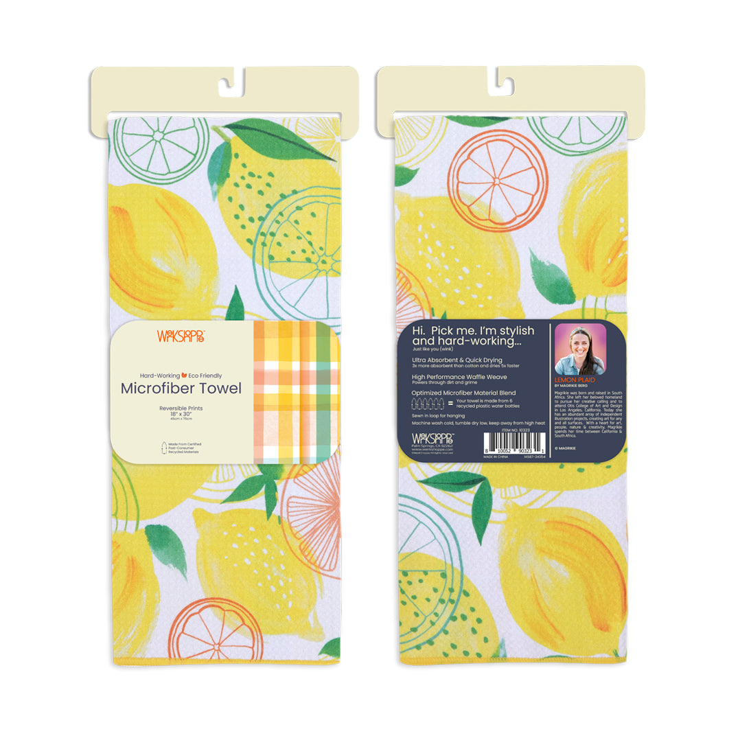 Art by Magrikie Berg, lemon plaid microfiber kitchen towel, lint-free, bright patterns, best kitchen towels, microfiber tea towels, artist designed kitchen towels 
