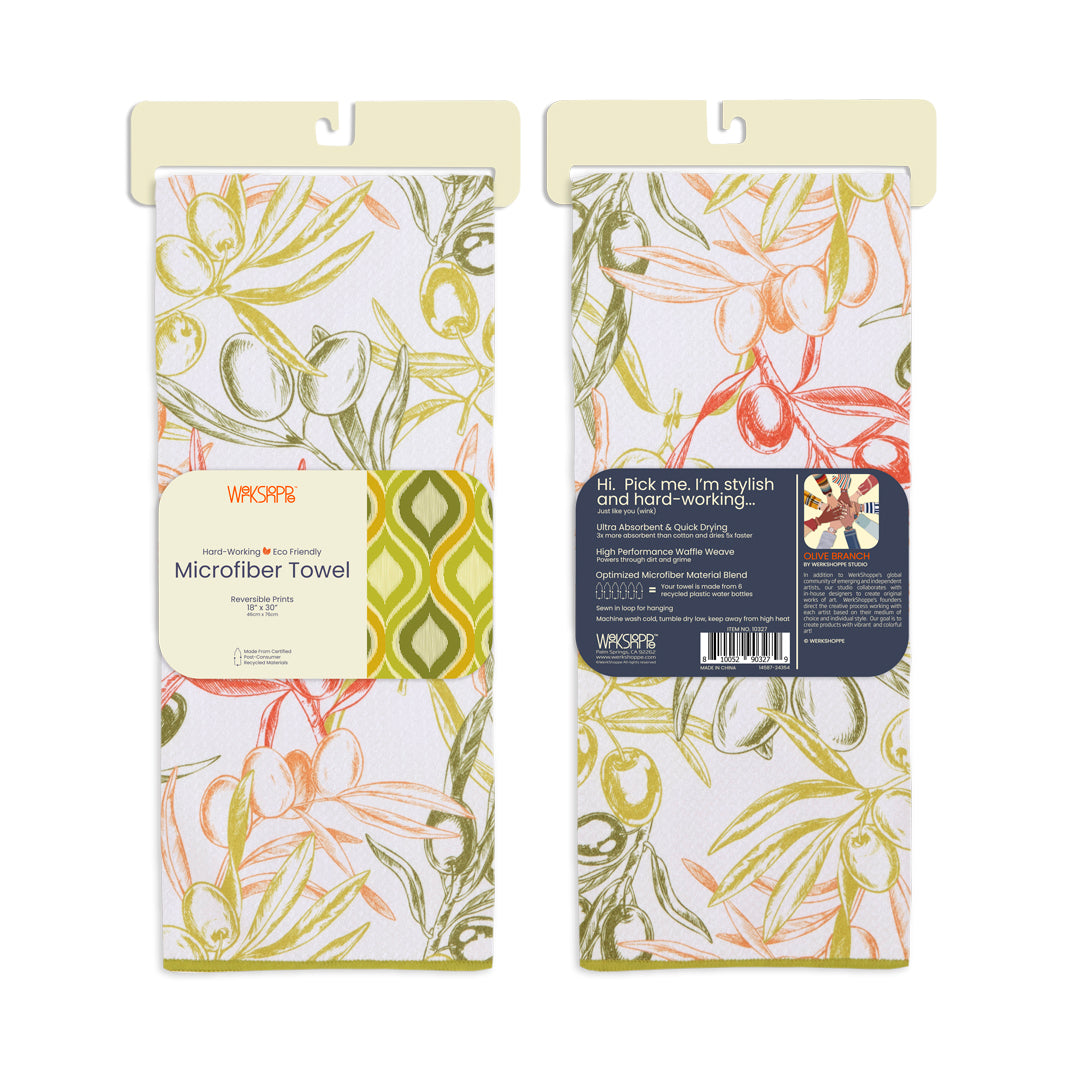 Olive Branch Microfiber Kitchen Dish Towel, retro pattern, reversible microfiber towels, artistic kitchen towels, kitchen towels
eco-friendly microfiber towels, ultra-absorbent, quick drying