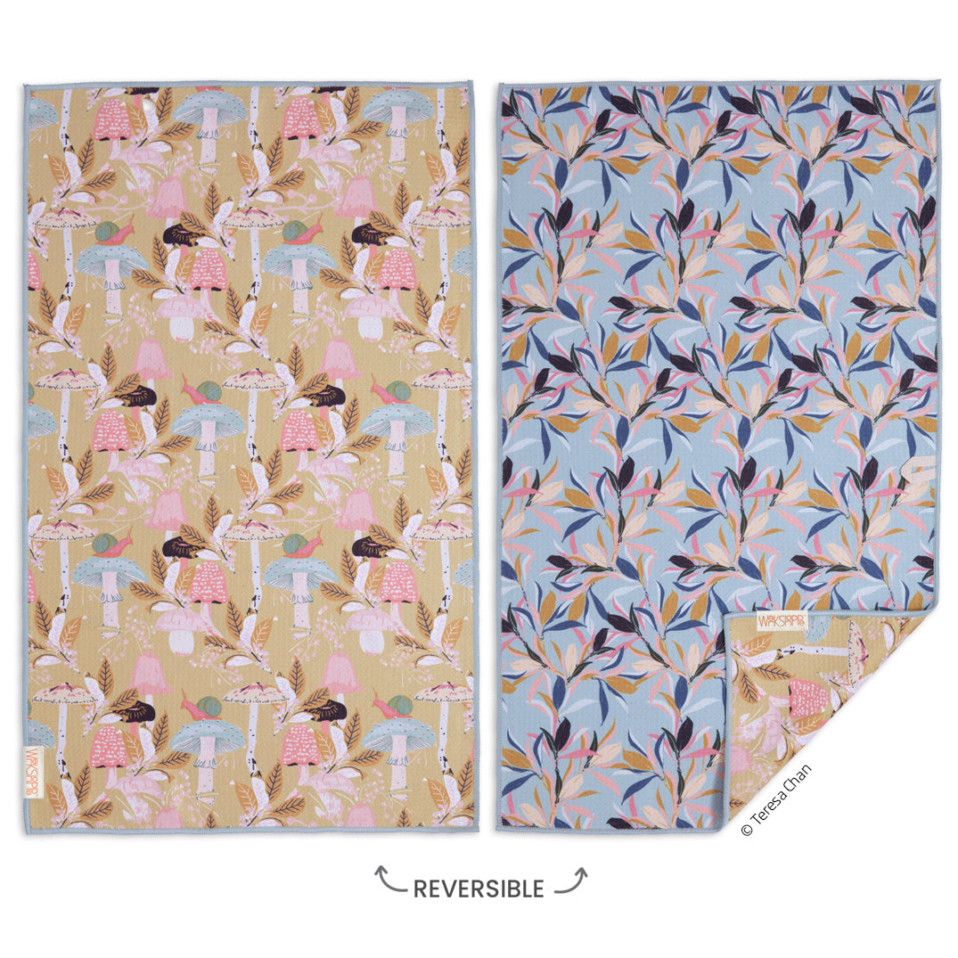 Art by Teresa Chan, woodland mushrooms microfiber towel, reversible microfiber towels, artistic kitchen towels, kitchen towels, mushroom lovers