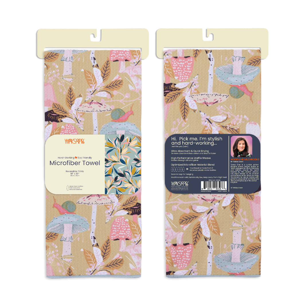 Art by Teresa Chan, woodland mushrooms microfiber towel, reversible microfiber towels, artistic kitchen towels, kitchen towels, mushroom lovers