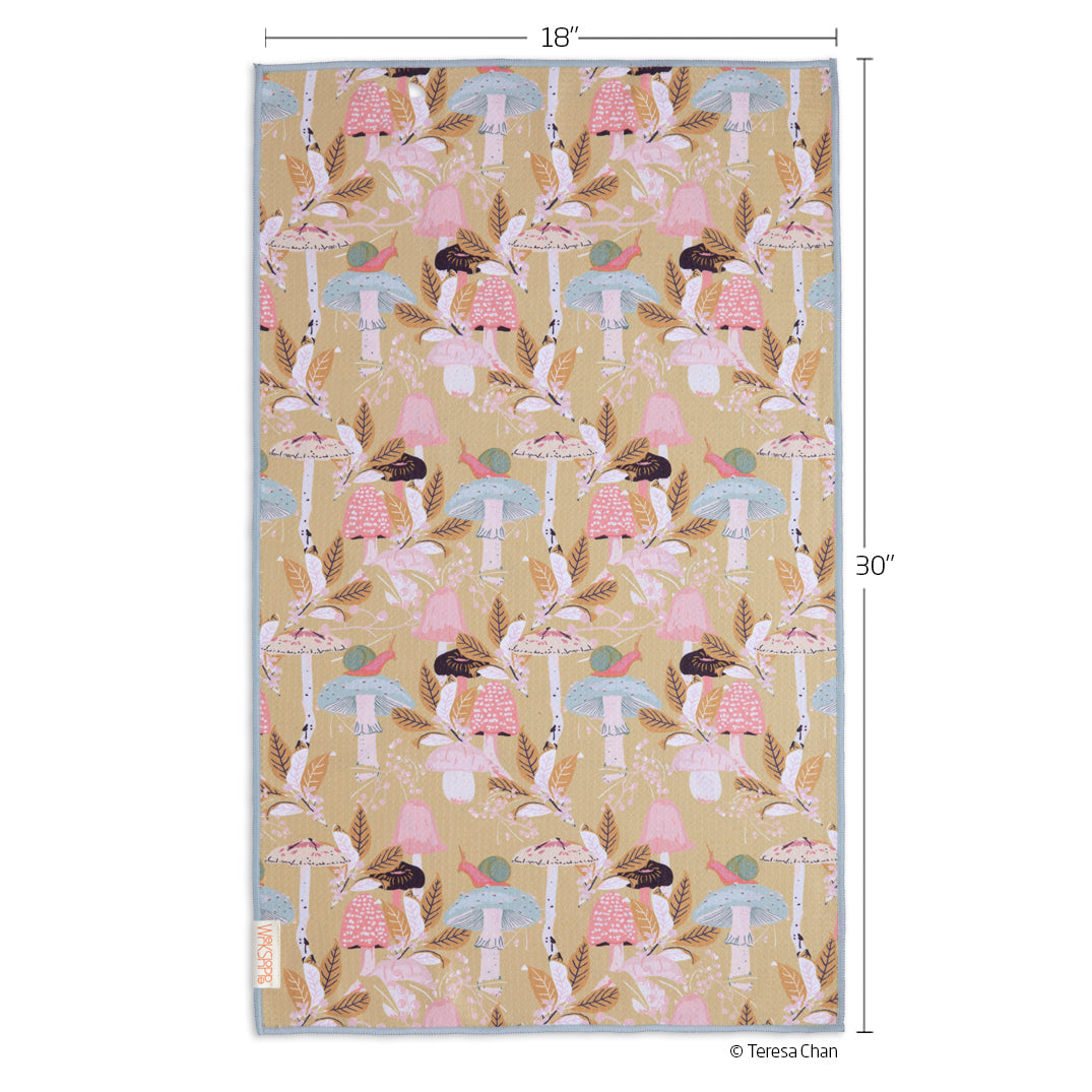 Art by Teresa Chan, woodland mushrooms microfiber towel, reversible microfiber towels, artistic kitchen towels, kitchen towels, mushroom lovers