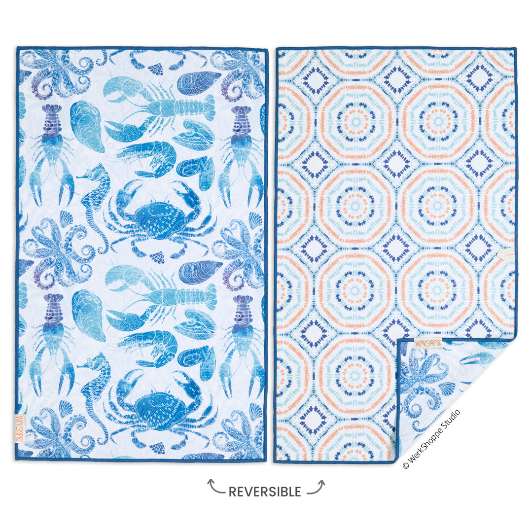catch of the day, seafood, coastal towel, beach house decor, best kitchen towels, microfiber tea towels, eco-friendly microfiber towels, ultra-absorbent, quick drying