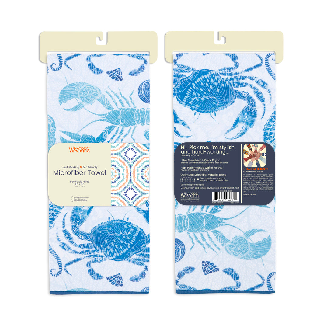 catch of the day, seafood, coastal towel, beach house decor, best kitchen towels, microfiber tea towels, eco-friendly microfiber towels, ultra-absorbent, quick drying