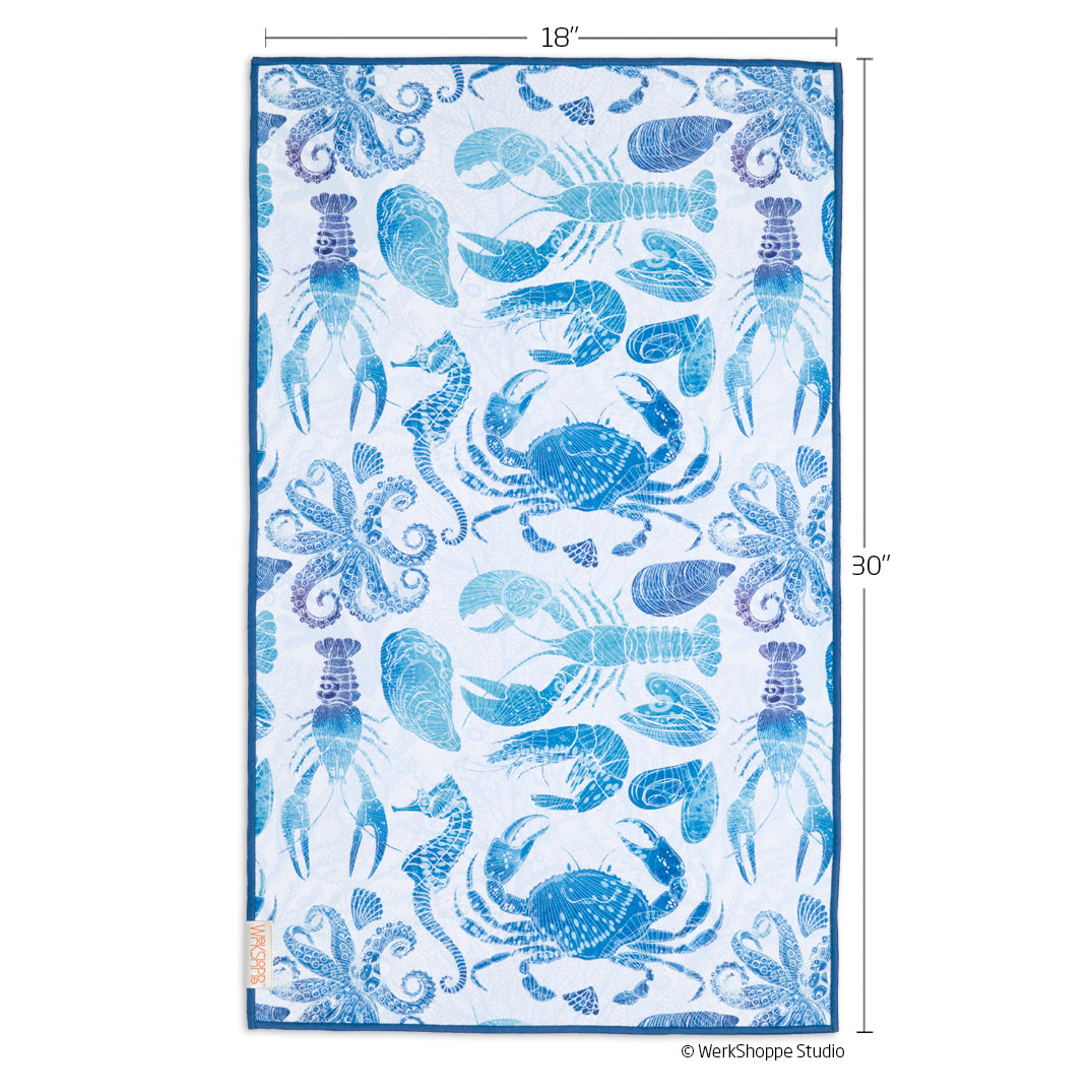 catch of the day, seafood, coastal towel, beach house decor, best kitchen towels, microfiber tea towels, eco-friendly microfiber towels, ultra-absorbent, quick drying