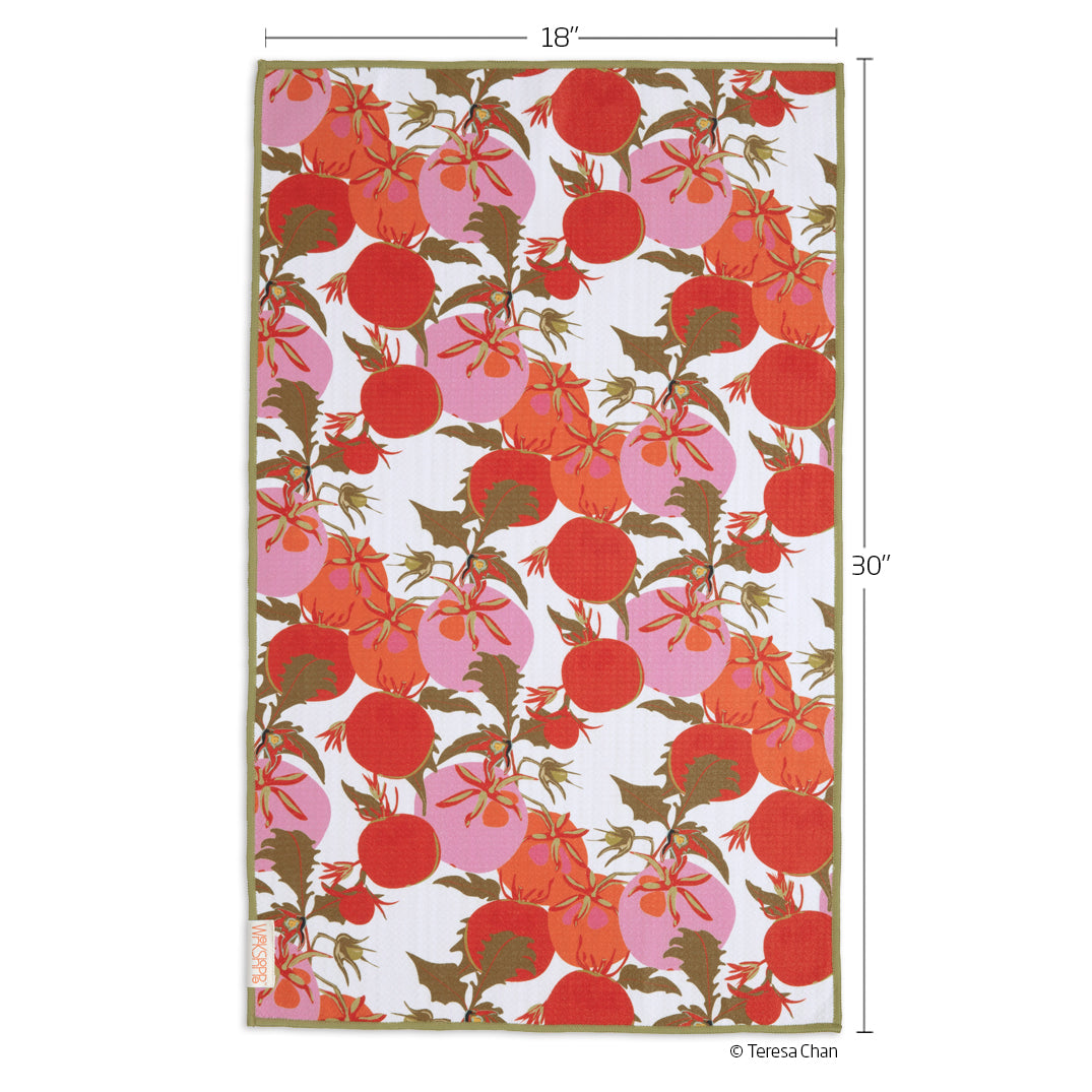 Art by Teresa Chan, heirloom tomatoes, pink & red, vintage kitchen towel, striped pattern, reversible microfiber towels, artistic kitchen towels, kitchen towels