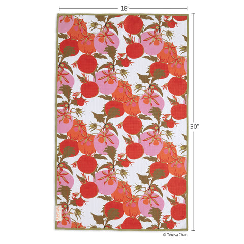Art by Teresa Chan, heirloom tomatoes, pink & red, vintage kitchen towel, striped pattern, reversible microfiber towels, artistic kitchen towels, kitchen towels