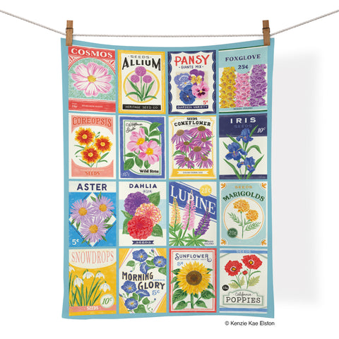Art by Kenzie Kae Elston, seed packets, gardens, garden lovers, flower seeds, where to buy tea towels, tea towels for sale,
cool dish towels, cotton kitchen towels