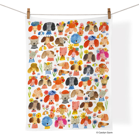 Art by Carolyn Gavin, Dog Eared 100% Cotton Kitchen Tea Towel, dog lovers, dog artwork, where to buy tea towels, tea towels for sale,