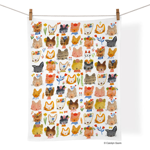 Art by Carolyn Gavin, kitty parade, cats, cat lovers, cool dish towels, cotton kitchen towels,
colorful towels, unique dish towels,