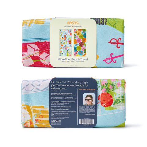 Art by Helen Black, 5 o'clock somewhere towel, cocktails, cocktail umbrellas, reversible microfiber beach towels, artistic towels, beach towel