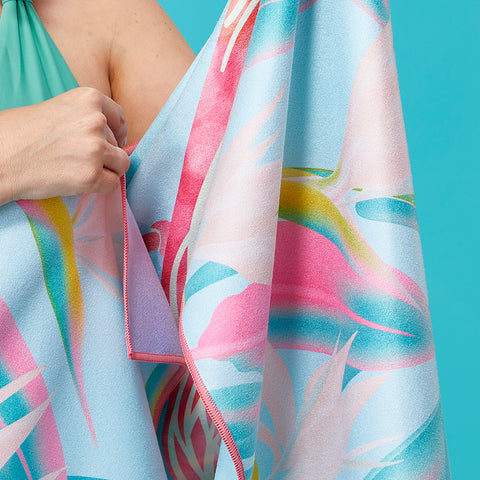 Flamingo Sunset Microfiber Go Big Towel, birds of paradise, reversible microfiber beach towels, artistic towels, beach towel