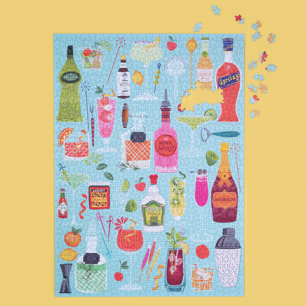 5 O'Clock Somewhere 1000 Piece Puzzle, art by helen black, puzzle lovers, 1000 piece puzzle, jigsaw puzzles, cocktail puzzle, 
100% recycled & non-toxic, puzzle gifts