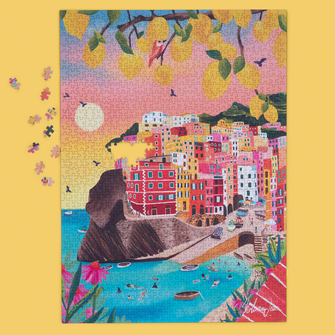 Cinque Terre 1000 Piece Puzzle, art by Nowleen Denis, Coastal Italy Puzzle, artist designed puzzles, unique puzzles