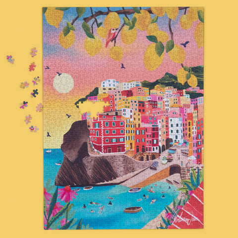 Cinque Terre 1000 Piece Puzzle, art by Nowleen Denis, Coastal Italy Puzzle, artist designed puzzles, unique puzzles