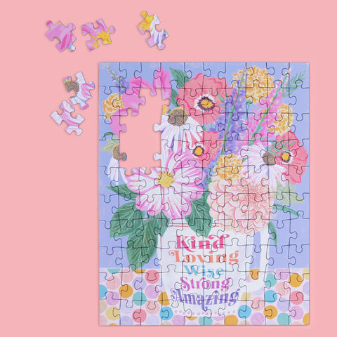 Kind Loving Strong 100 Piece Puzzle Snax, Art by Kenzie Kae Elston, puzzles for beginners, jigsaw puzzles for kids, floral