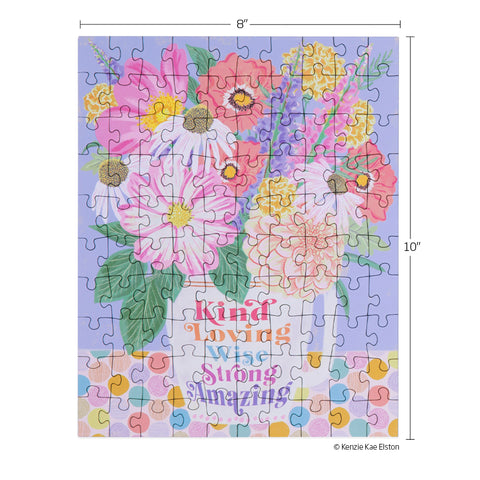 Kind Loving Strong 100 Piece Puzzle Snax, Art by Kenzie Kae Elston, puzzles for beginners, jigsaw puzzles for kids, floral