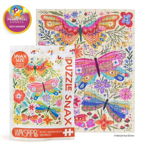 Art by Kenzie Kae Elston, Butterly Floral 100 piece puzzle snax, artist designed puzzles, puzzles for beginners, jigsaw puzzles for kids